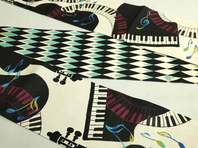 平和屋着物●極上 両面 半幅帯 WAKKA ワッカ 音符 ピアノ 啄木鳥 逸品 DZAB8606kh6