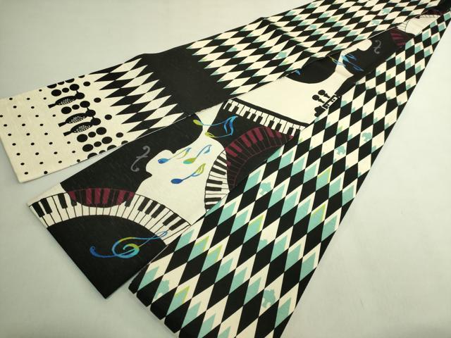 平和屋着物●極上 両面 半幅帯 WAKKA ワッカ 音符 ピアノ 啄木鳥 逸品 DZAB8606kh6