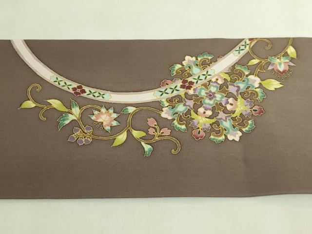平和屋本店●極上 塩瀬 岡重謹製 OKAJIMA 九寸名古屋帯 正倉院花唐草 蒲茶色地 金彩 逸品 DZAB8617kh6