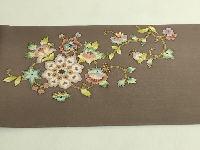 平和屋本店●極上 塩瀬 岡重謹製 OKAJIMA 九寸名古屋帯 正倉院花唐草 蒲茶色地 金彩 逸品 DZAB8617kh6