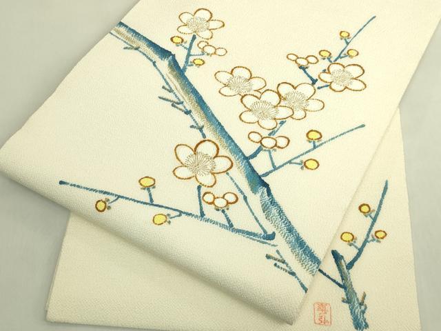 平和屋本店●極上 人間国宝 森口華弘 蒔糊友禅 九寸開き名古屋帯 枝花文 白地 鬼しぼ縮緬 逸品 DZAB8620kh6