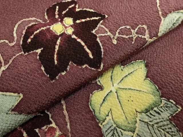 平和屋本店●超希少 東京友禅 久呂田明功 九寸名古屋帯 南天蔦の葉 松皮菱 鬼しぼ縮緬 葡萄茶色地 逸品 DZAB8624kh6