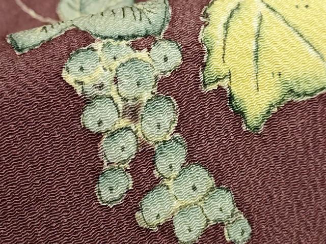平和屋本店●超希少 東京友禅 久呂田明功 九寸名古屋帯 南天蔦の葉 松皮菱 鬼しぼ縮緬 葡萄茶色地 逸品 DZAB8624kh6