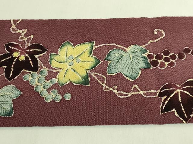 平和屋本店●超希少 東京友禅 久呂田明功 九寸名古屋帯 南天蔦の葉 松皮菱 鬼しぼ縮緬 葡萄茶色地 逸品 DZAB8624kh6