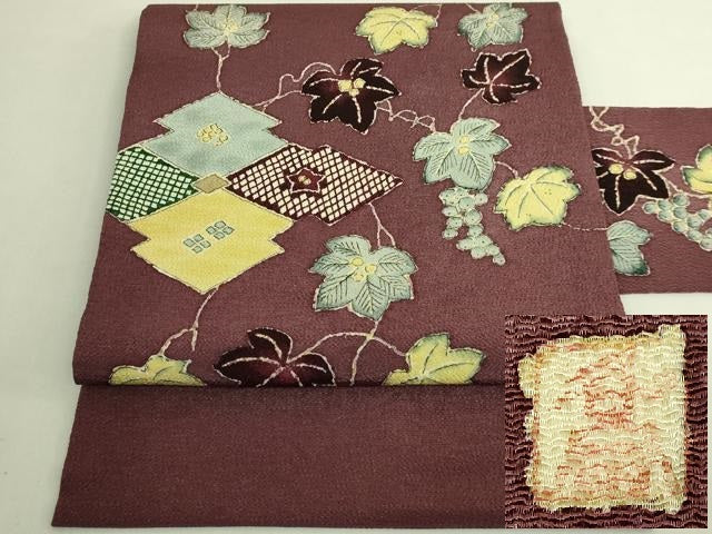 平和屋本店●超希少 東京友禅 久呂田明功 九寸名古屋帯 南天蔦の葉 松皮菱 鬼しぼ縮緬 葡萄茶色地 逸品 DZAB8624kh6