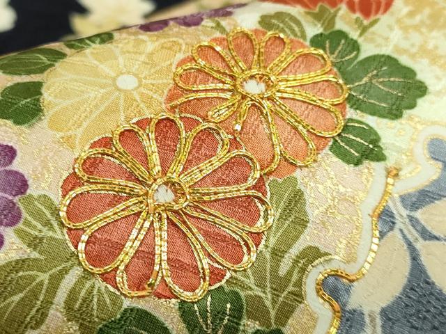 平和屋着物●極上 九寸名古屋帯 駒刺繍 雪輪花文 宝尽くし 金彩 濃い鉄紺色地 逸品 未使用 DZAB8629kh6