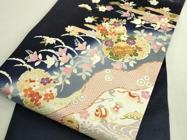 平和屋着物●極上 九寸名古屋帯 駒刺繍 雪輪花文 宝尽くし 金彩 濃い鉄紺色地 逸品 未使用 DZAB8629kh6