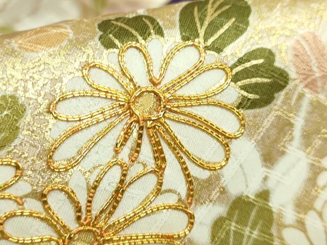 平和屋着物●極上 九寸名古屋帯 駒刺繍 雪輪花文 宝尽くし 金彩 逸品 未使用 DZAB8630kh6