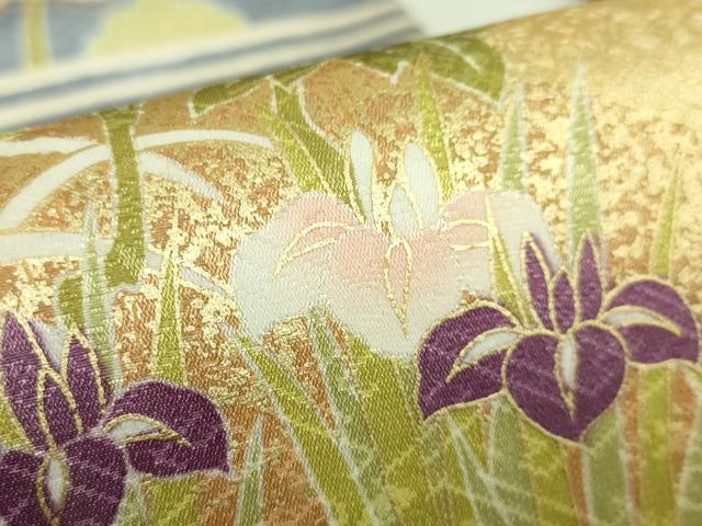 平和屋着物●極上 九寸名古屋帯 駒刺繍 流水草花文 金彩 濃い鉄紺色地 逸品 未使用 DZAB8631kh6
