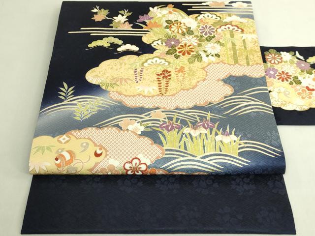平和屋着物●極上 九寸名古屋帯 駒刺繍 宝尽くし花文 濃い鉄紺色地 金彩 逸品 未使用 DZAB8632kh6