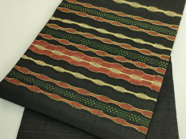 平和屋本店●超希少 国画会会員 原田麻那 めがね織 浮き織 九寸名古屋帯 横段文 黒地 逸品 DZAB8633kh6