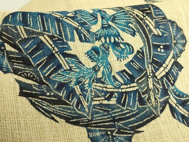 平和屋本店*最高級 夏物 城間栄順 本場琉球紅型 八寸名古屋帯 藍 芭蕉の葉 麻 逸品 DZAB8650kh6