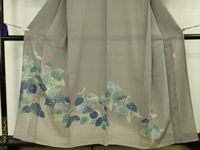 平和屋着物*極上 夏物 十日町 加賀草木友禅の第一人者 田村哲彦 訪問着 縦絽 尾長鳥 蓮 暈し染め 煤色地 逸品 DZAB8652kh6