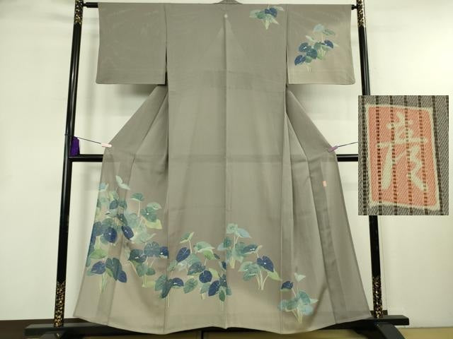 平和屋着物*極上 夏物 十日町 加賀草木友禅の第一人者 田村哲彦 訪問着 縦絽 尾長鳥 蓮 暈し染め 煤色地 逸品 DZAB8652kh6