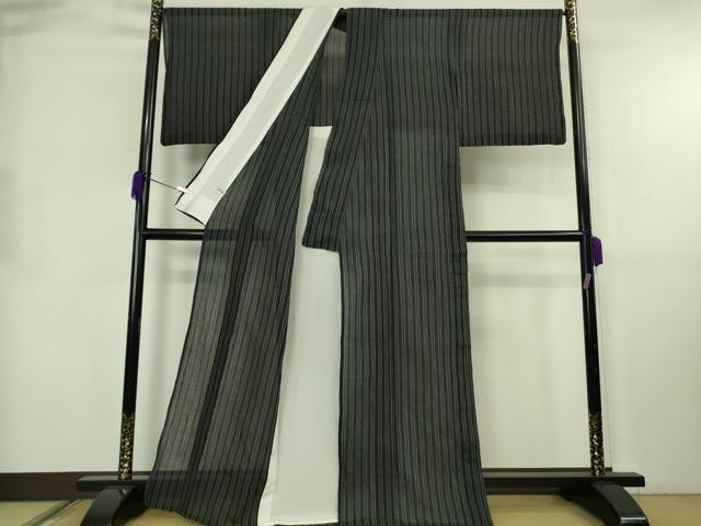 平和屋着物*極上 夏物 本場小千谷ちぢみ 麻 縞 黒地 まるやま扱い 逸品 DZAB8656kh6