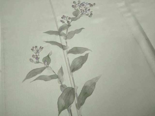 平和屋着物▽極上 手描友禅女流作家 一色生子 色留訪問着 単衣 枝花文 灰黄緑色地 反端付き 逸品 未使用 DZAB8696kh6