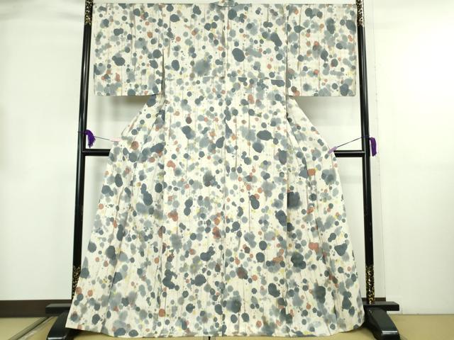 平和屋着物▽極上 タッサーゴールドシルク 小紋 単衣 菱地紋 霞文 反端付き 逸品 DZAB8698kh6