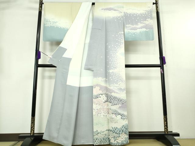 平和屋本店●極上 十日町 名門 滝泰謹製 訪問着 おぼろ染 襲ね絞り 相良刺繍 風景文 暈し染め 金銀糸 反端付き 逸品 DZAB8711kh6