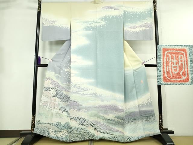 平和屋本店●極上 十日町 名門 滝泰謹製 訪問着 おぼろ染 襲ね絞り 相良刺繍 風景文 暈し染め 金銀糸 反端付き 逸品 DZAB8711kh6