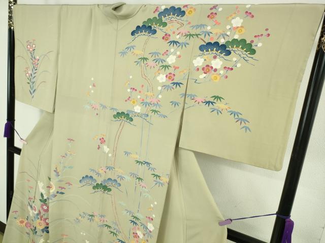 平和屋本店●極上 本加賀友禅作家 押田正義 訪問着 松竹梅 枝花 薄い抹茶色地 小田急百貨店扱い 逸品 DZAB8725kh6