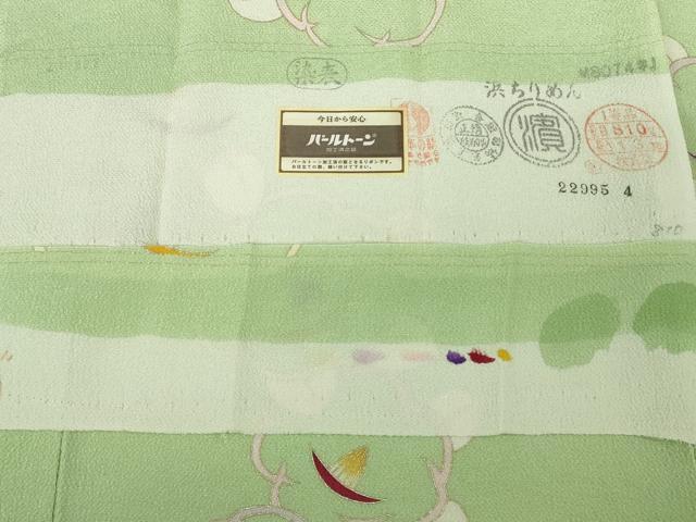 平和屋着物▽極上 小紋 単衣 椿 若葉色地 金彩 鬼しぼ縮緬 反端付き 逸品 DZAB8747kh6