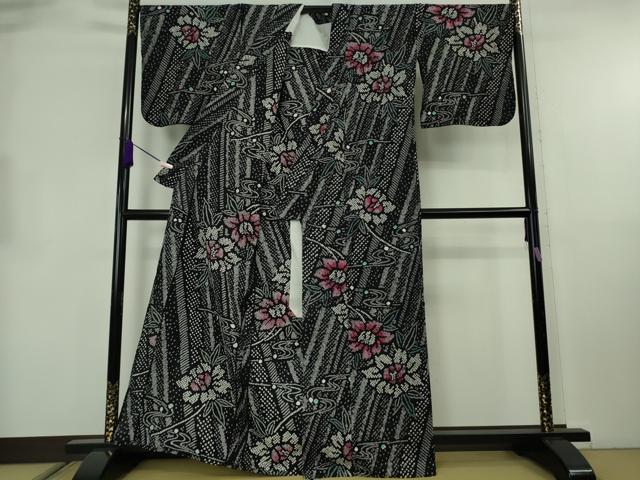 平和屋着物∴極上 夏物 浴衣 有松鳴海絞り 流水花文 黒地 綿 逸品 DZAB8749kh6