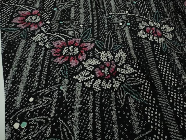 平和屋着物∴極上 夏物 浴衣 有松鳴海絞り 流水花文 黒地 綿 逸品 DZAB8749kh6