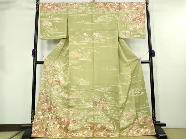 平和屋着物●極上 訪問着 駒刺繍 舞扇吉祥花文 抹茶色地 金彩 ロング丈 逸品 DZAB8753kh6