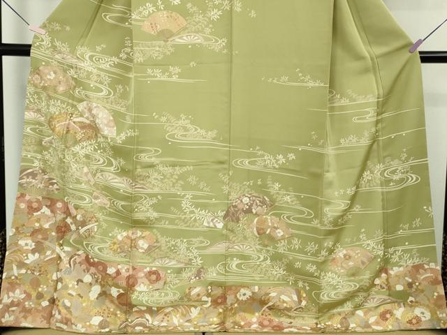 平和屋着物●極上 訪問着 駒刺繍 舞扇吉祥花文 抹茶色地 金彩 ロング丈 逸品 DZAB8753kh6