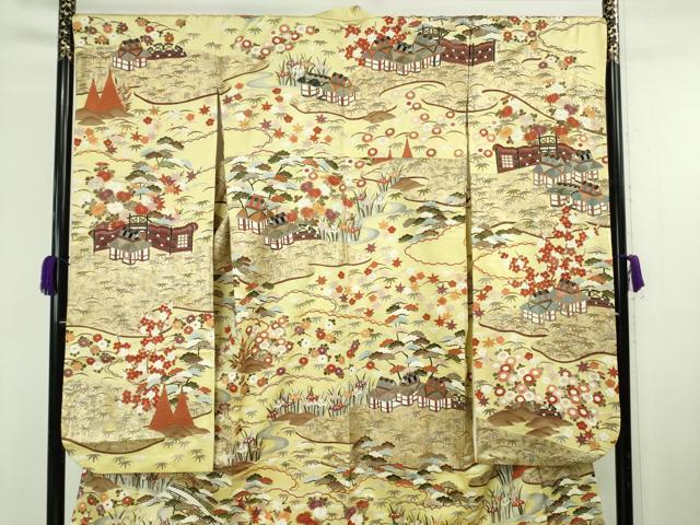 平和屋本店●極上 中国三大刺繍 蘇州刺繍 振袖 駒刺繍 風景吉祥花文 淡黄色地 金彩 逸品 DZAB8754kh6