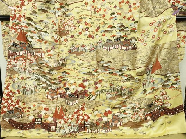平和屋本店●極上 中国三大刺繍 蘇州刺繍 振袖 駒刺繍 風景吉祥花文 淡黄色地 金彩 逸品 DZAB8754kh6
