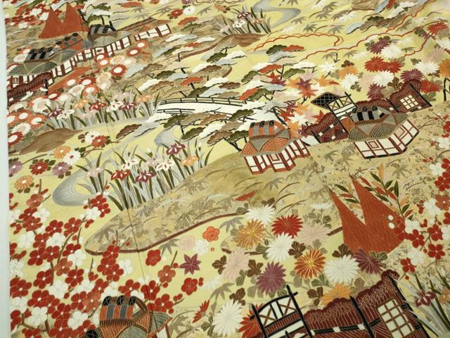 平和屋本店●極上 中国三大刺繍 蘇州刺繍 振袖 駒刺繍 風景吉祥花文 淡黄色地 金彩 逸品 DZAB8754kh6