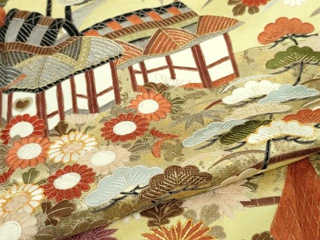 平和屋本店●極上 中国三大刺繍 蘇州刺繍 振袖 駒刺繍 風景吉祥花文 淡黄色地 金彩 逸品 DZAB8754kh6