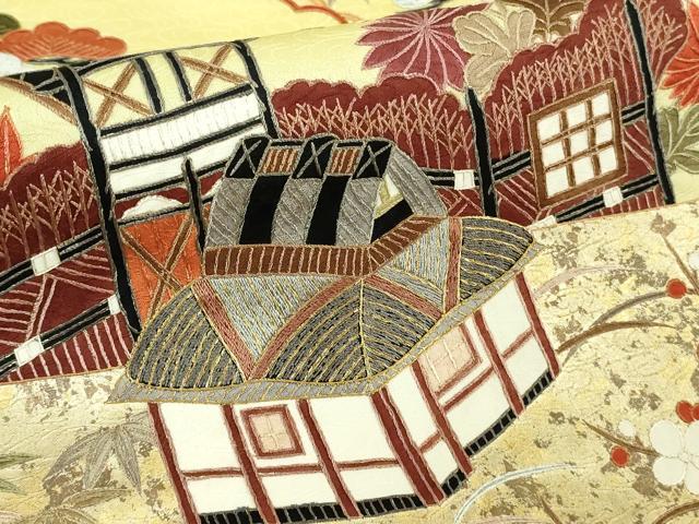 平和屋本店●極上 中国三大刺繍 蘇州刺繍 振袖 駒刺繍 風景吉祥花文 淡黄色地 金彩 逸品 DZAB8754kh6