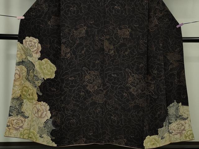 平和屋本店●極上 アンティーク 大正ロマン 訪問着 唐獅子 牡丹 黒地 逸品 DZAB8795kh6