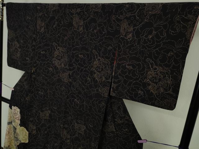 平和屋本店●極上 アンティーク 大正ロマン 訪問着 唐獅子 牡丹 黒地 逸品 DZAB8795kh6