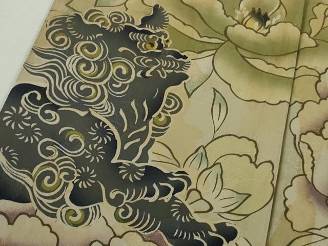 平和屋本店●極上 アンティーク 大正ロマン 訪問着 唐獅子 牡丹 黒地 逸品 DZAB8795kh6
