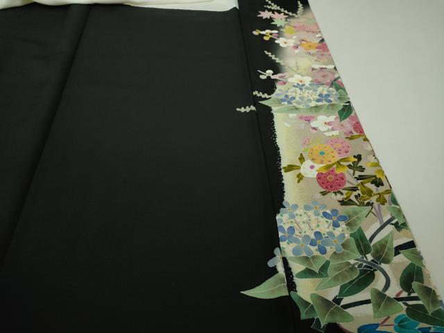 平和屋本店●極上 本加賀友禅作家 百貫華峰 黒留袖 枝花に小鳥 暈し染め 逸品 DZAB8799kh6