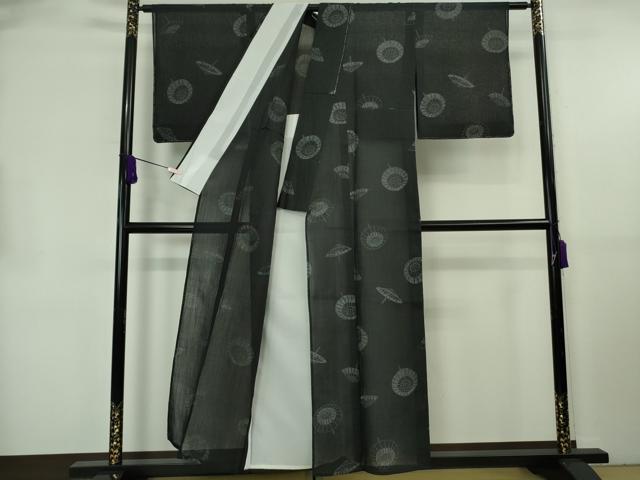平和屋着物*極上 夏物 本場小千谷ちぢみ 麻 捺染絣 織田工房謹製 番傘 黒地 証紙付き 逸品 未使用 DZAB8804kh6