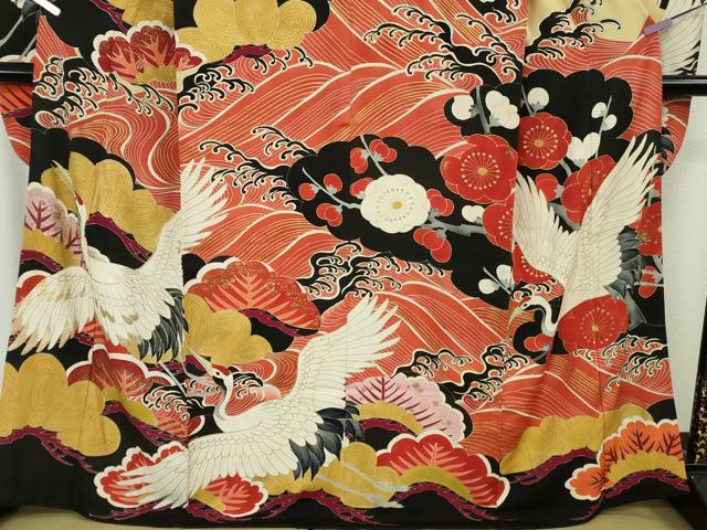 平和屋本店●極上 アンティーク 大正ロマン 振袖 刺繍 立波飛鶴吉祥花文 黒地 金彩 逸品 DZAB8829kh6