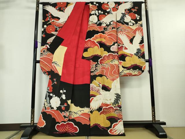 平和屋本店●極上 アンティーク 大正ロマン 振袖 刺繍 立波飛鶴吉祥花文 黒地 金彩 逸品 DZAB8829kh6