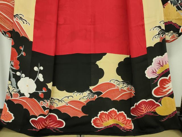 平和屋本店●極上 アンティーク 大正ロマン 振袖 刺繍 立波飛鶴吉祥花文 黒地 金彩 逸品 DZAB8829kh6
