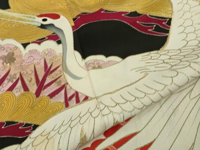 平和屋本店●極上 アンティーク 大正ロマン 振袖 刺繍 立波飛鶴吉祥花文 黒地 金彩 逸品 DZAB8829kh6
