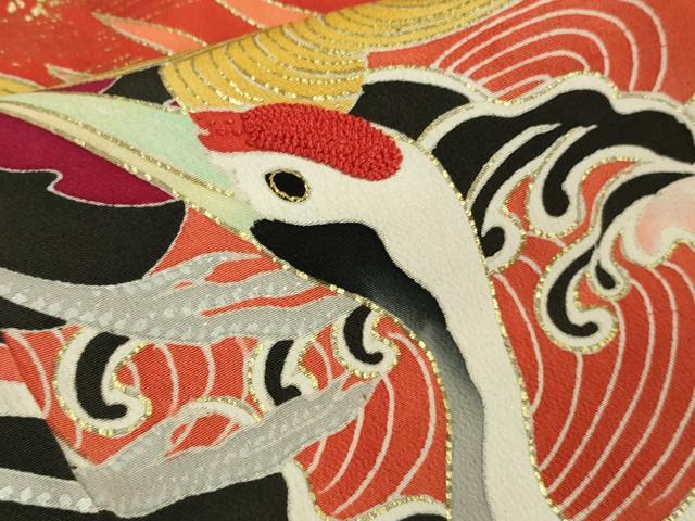 平和屋本店●極上 アンティーク 大正ロマン 振袖 刺繍 立波飛鶴吉祥花文 黒地 金彩 逸品 DZAB8829kh6