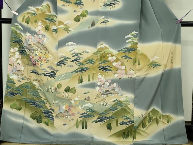 平和屋本店●極上 十七代京屋林蔵 訪問着 刺繍 風景花文 御召御納戸色地 金糸 ロング丈 逸品 未使用 DZAB8835kh6