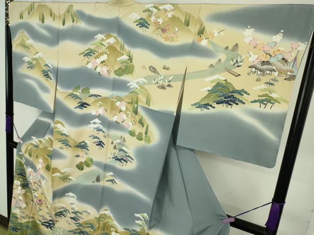 平和屋本店●極上 十七代京屋林蔵 訪問着 刺繍 風景花文 御召御納戸色地 金糸 ロング丈 逸品 未使用 DZAB8835kh6