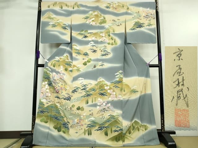 平和屋本店●極上 十七代京屋林蔵 訪問着 刺繍 風景花文 御召御納戸色地 金糸 ロング丈 逸品 未使用 DZAB8835kh6