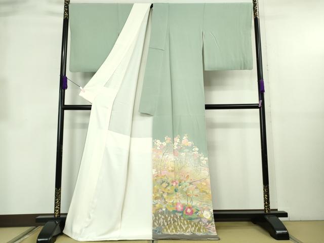 平和屋本店●極上 本加賀友禅作家 百貫華峰 色留袖 枝花文 錆青磁色地 ロング丈 逸品 DZAB8838kh6