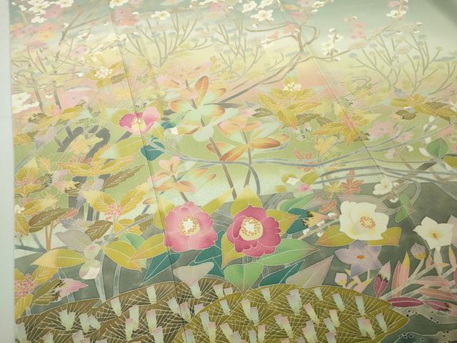 平和屋本店●極上 本加賀友禅作家 百貫華峰 色留袖 枝花文 錆青磁色地 ロング丈 逸品 DZAB8838kh6