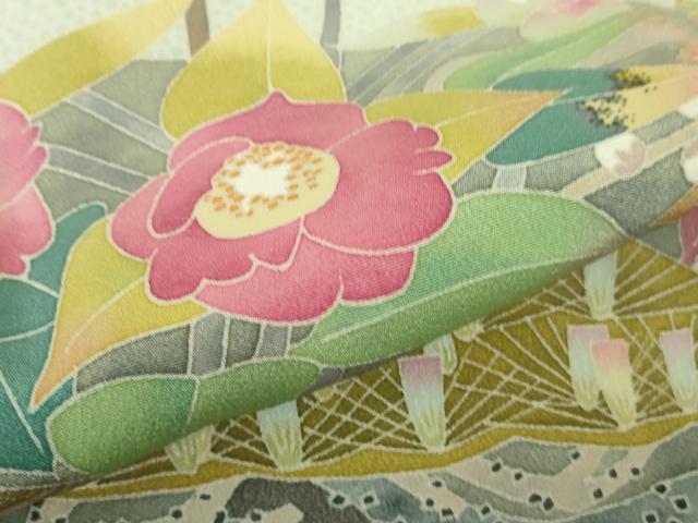 平和屋本店●極上 本加賀友禅作家 百貫華峰 色留袖 枝花文 錆青磁色地 ロング丈 逸品 DZAB8838kh6